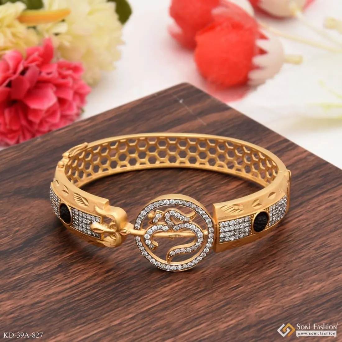 1 Gram Gold Forming Om with Diamond Artisanal Design Kada for Men - Style A827