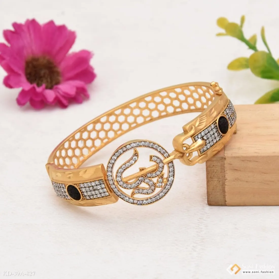 1 Gram Gold Forming Om with Diamond Artisanal Design Kada for Men - Style A827