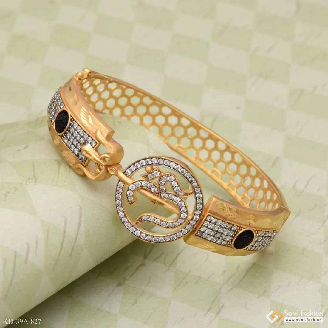 1 Gram Gold Forming Om with Diamond Artisanal Design Kada for Men - Style A827