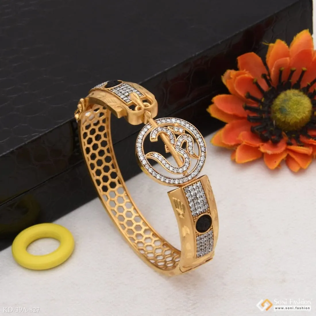 1 Gram Gold Forming Om with Diamond Artisanal Design Kada for Men - Style A827