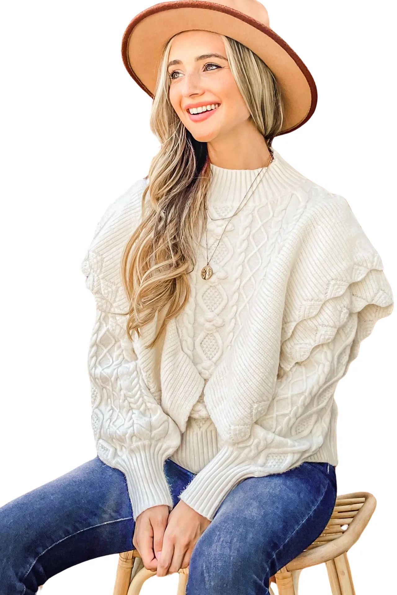 Apparel- And The Why Chevron Ruffle Detailed Cable Knit Sweater