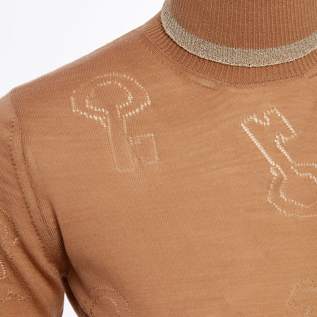 Beige 0 Wool Key Openwork Patterned Turtleneck Sweater