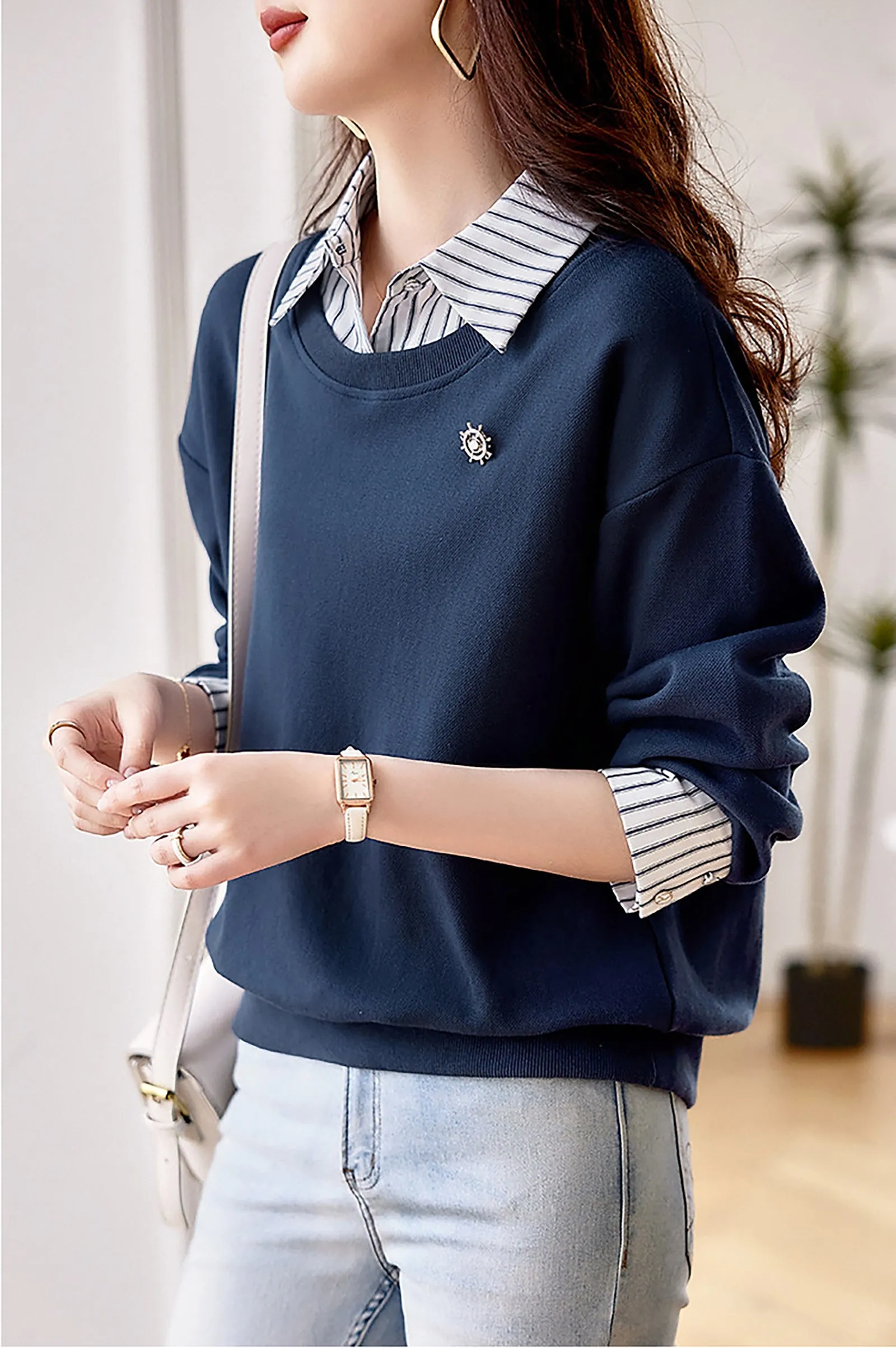 BK-Long Sleeve Patchwork Stripe Blouse Top