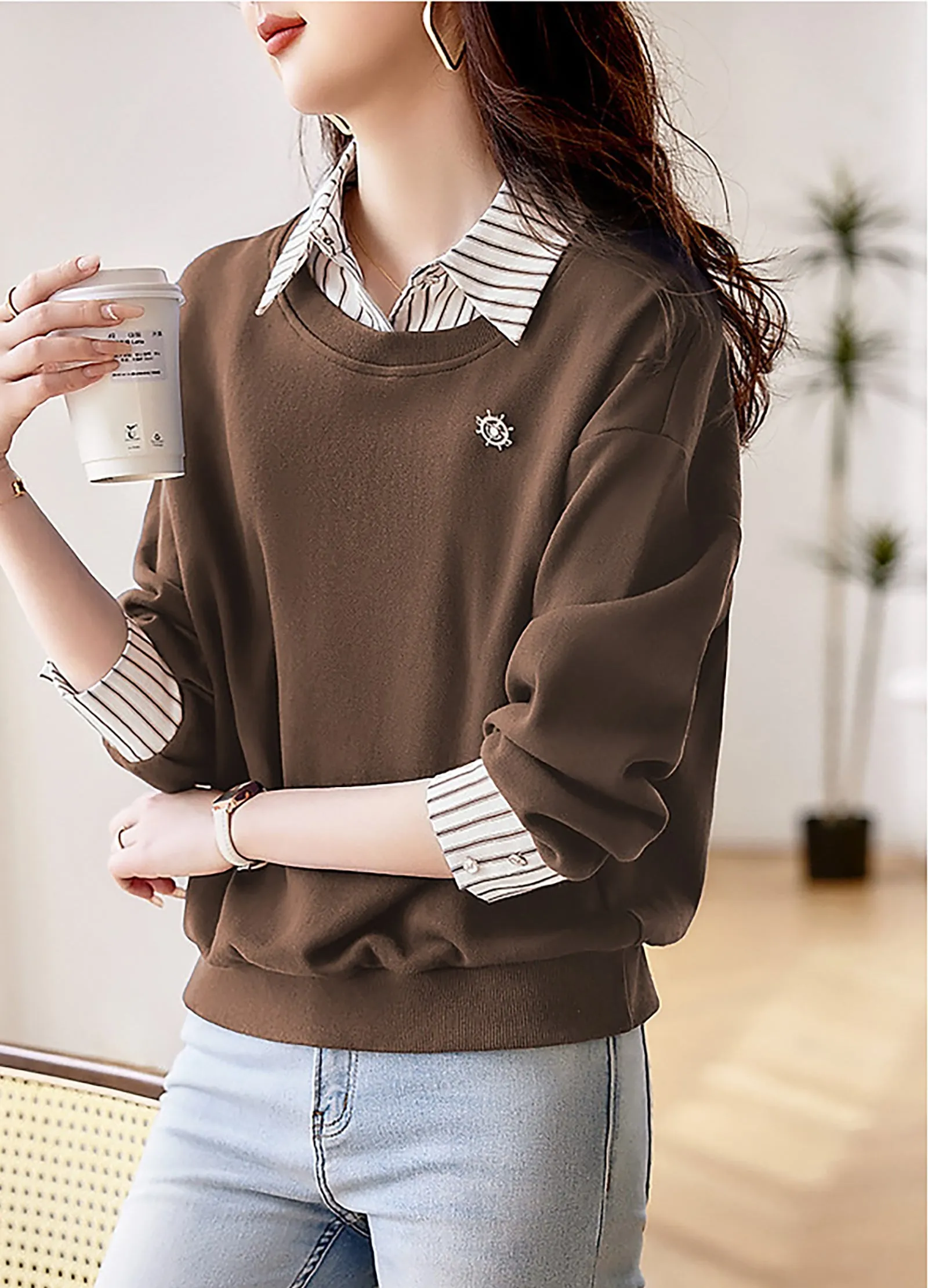 BK-Long Sleeve Patchwork Stripe Blouse Top