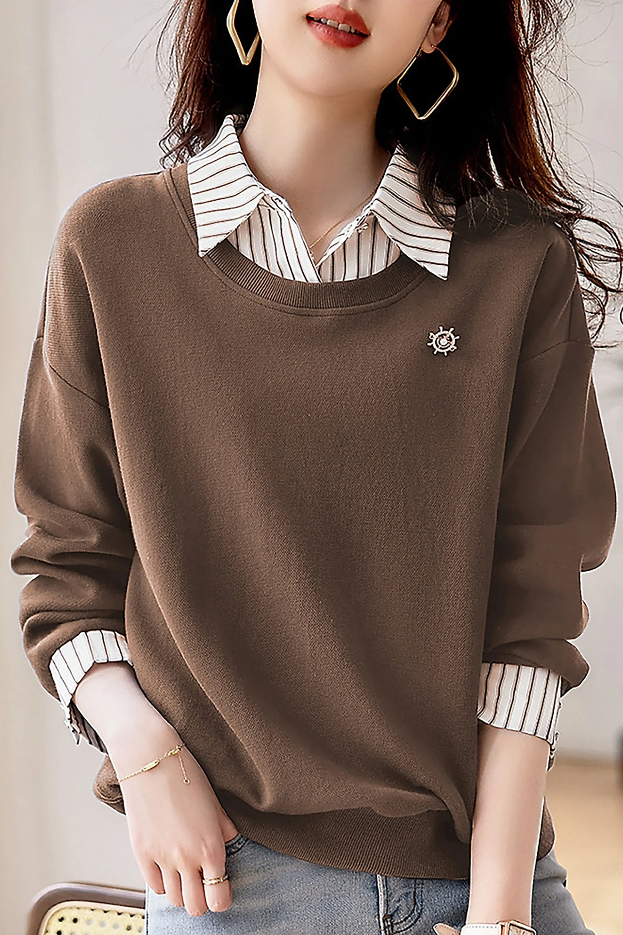 BK-Long Sleeve Patchwork Stripe Blouse Top