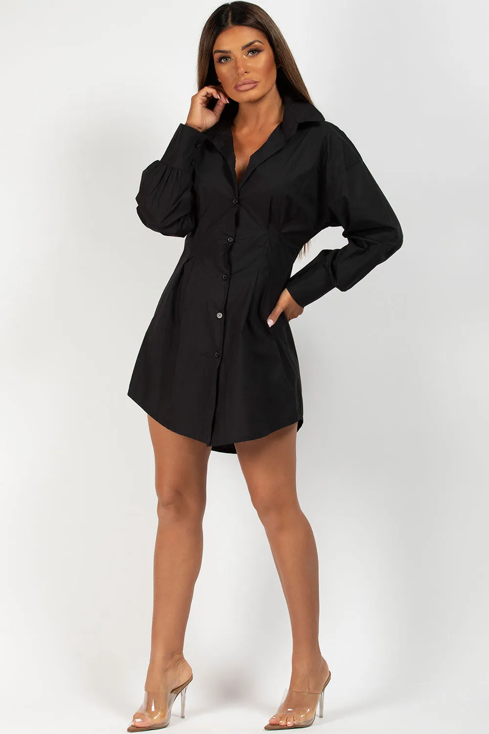 Black Corset Cinched Waist Shirt Dress