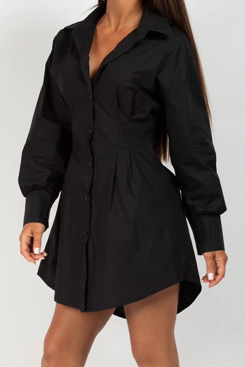 Black Corset Cinched Waist Shirt Dress