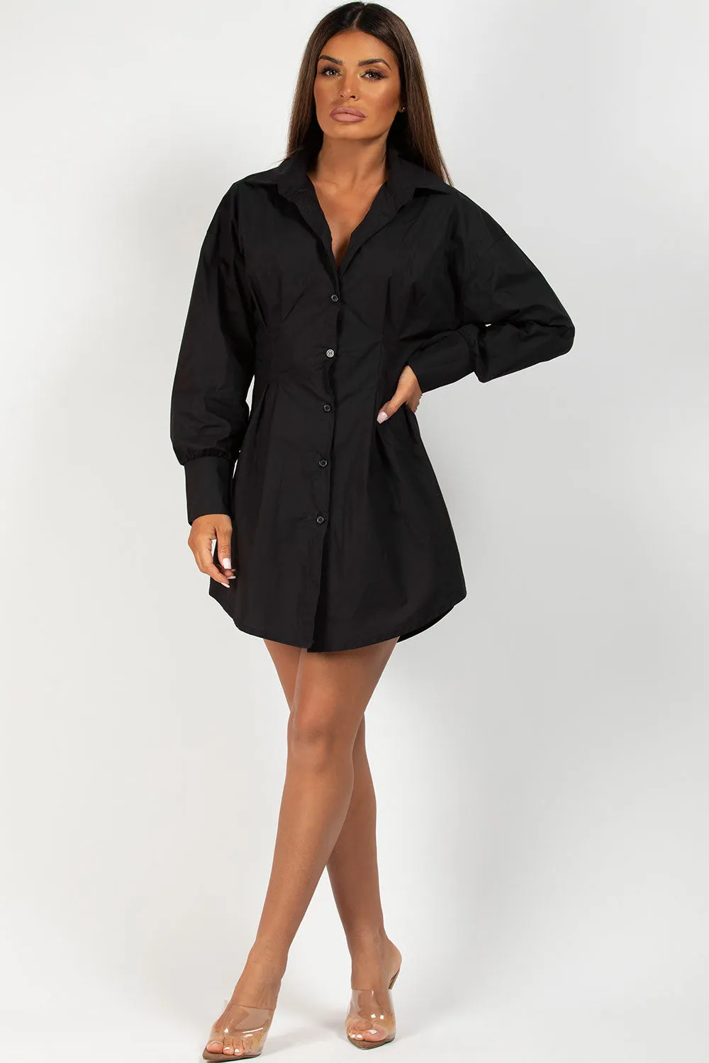 Black Corset Cinched Waist Shirt Dress