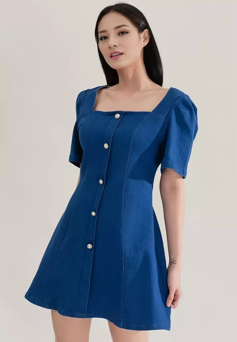 Blue Square Neck Mini Dress
