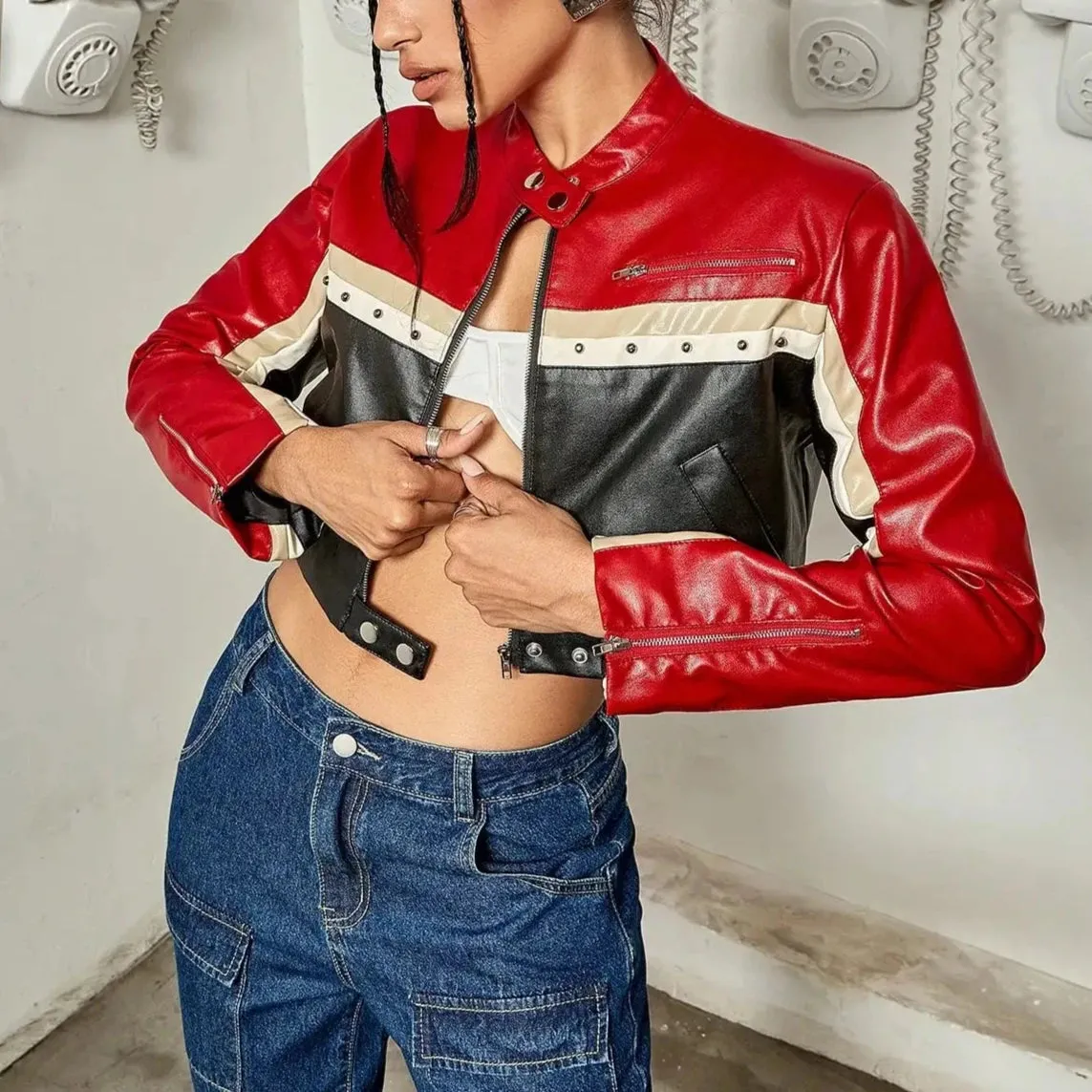 Brisa - Black & Red Color Block Studded Biker Jacket