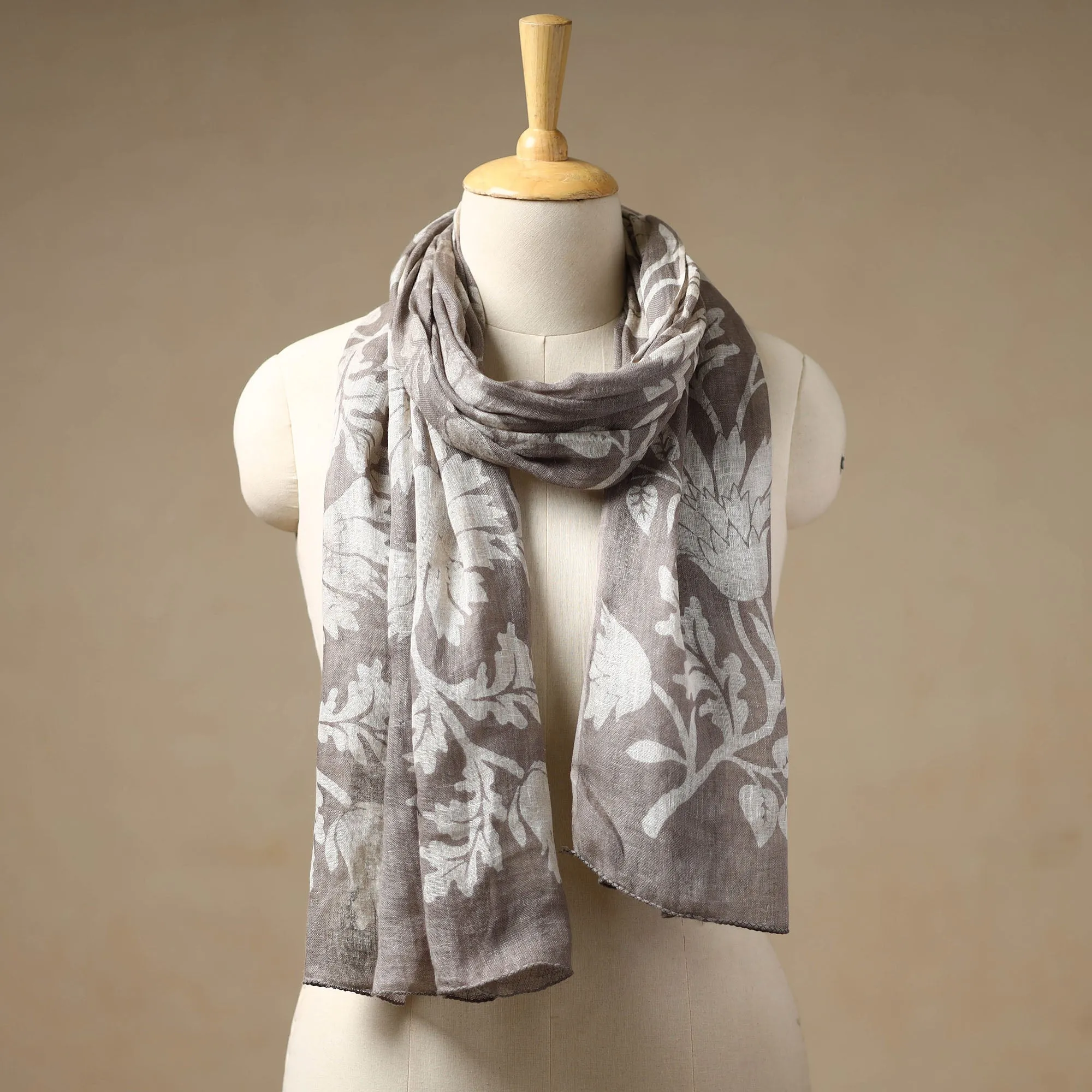 Brown - Bindaas Block Printed Natural Dyed Linen Handloom Stole 04