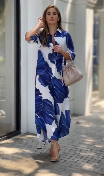 Button-down Printed Shirt Dress Blue & White By BlackBeads
