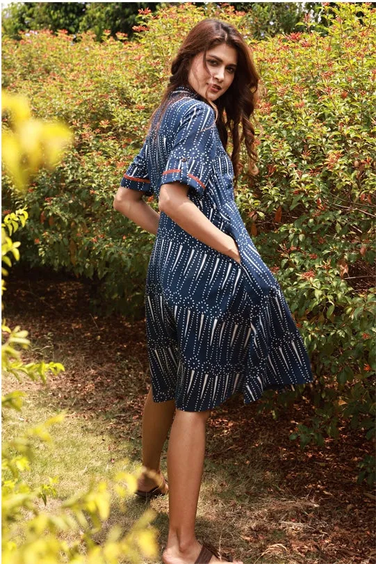 Edith Indigo Block-Print Shirt Dress