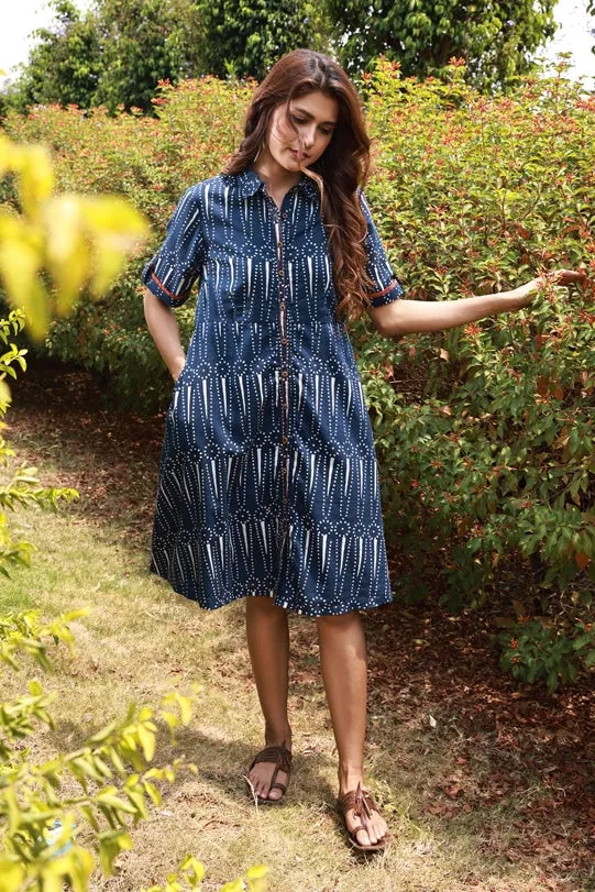 Edith Indigo Block-Print Shirt Dress