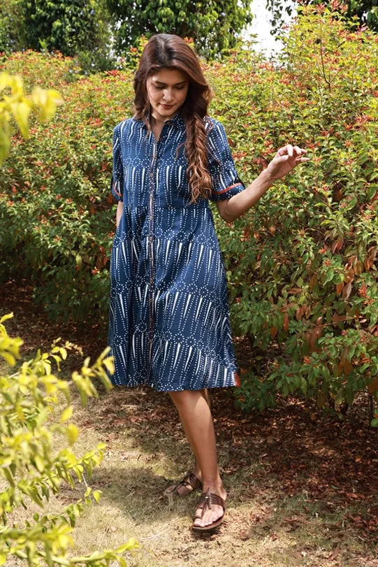 Edith Indigo Block-Print Shirt Dress