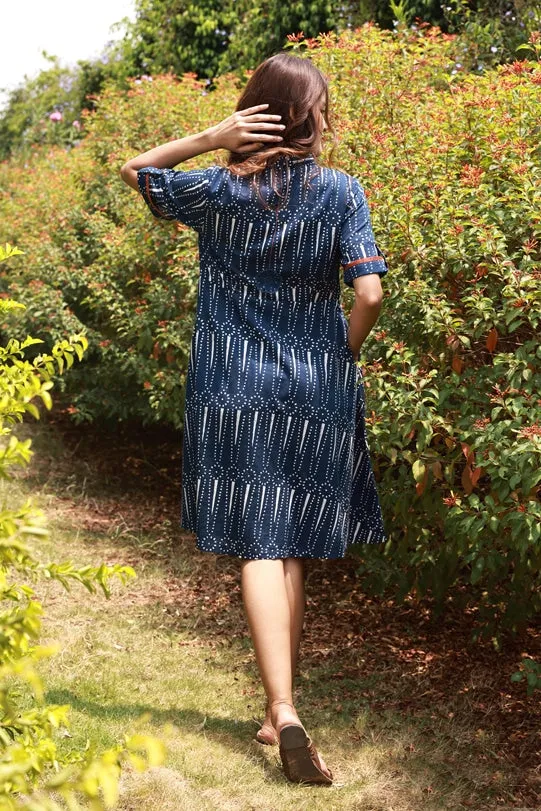Edith Indigo Block-Print Shirt Dress