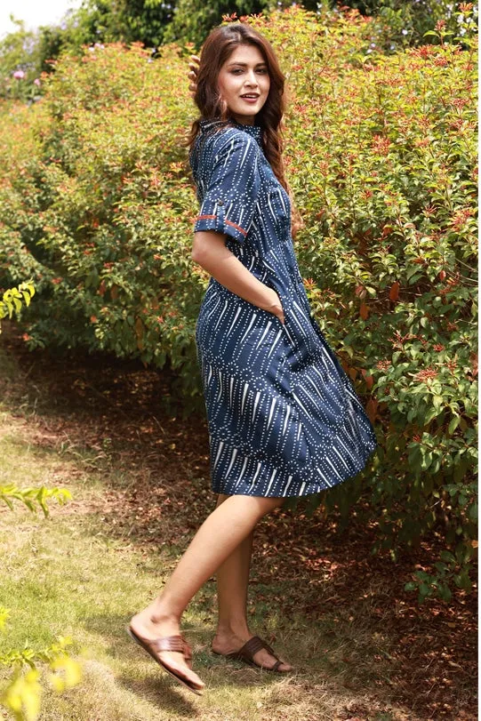 Edith Indigo Block-Print Shirt Dress