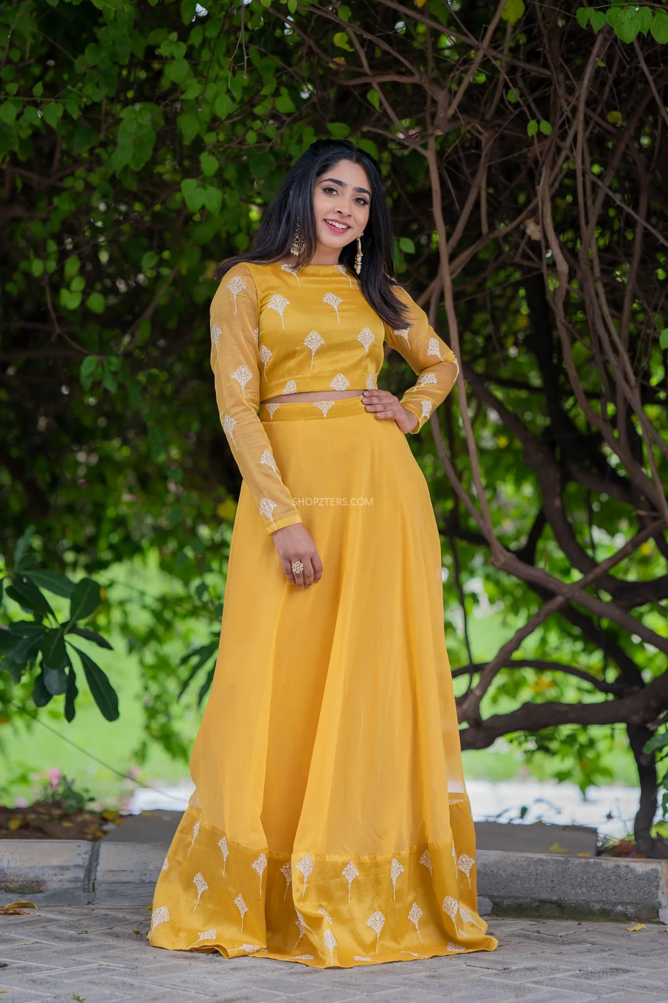 Foil Yellow Full Hand Crop Top & Skirt With Embroidery & Sequins