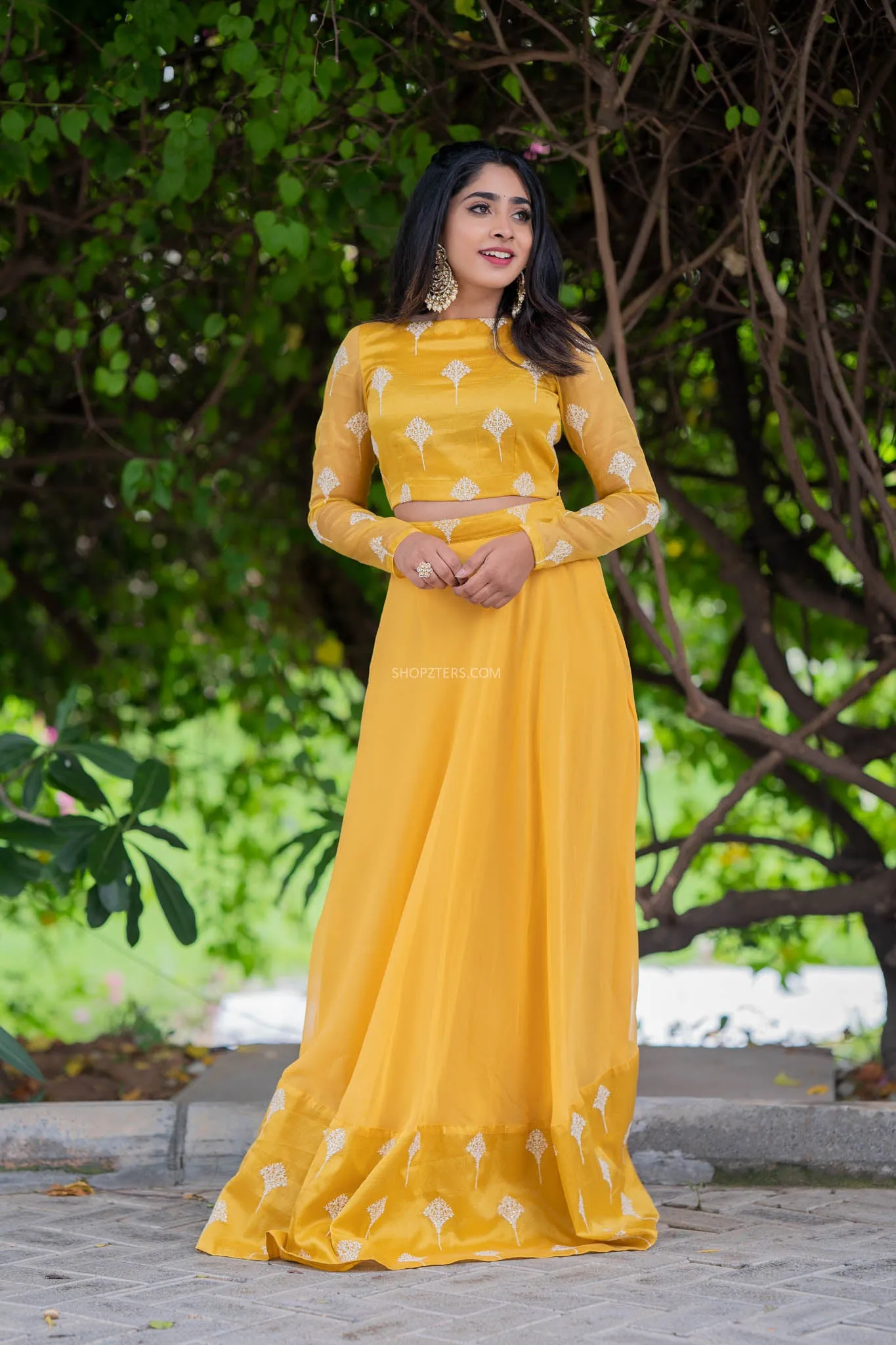 Foil Yellow Full Hand Crop Top & Skirt With Embroidery & Sequins