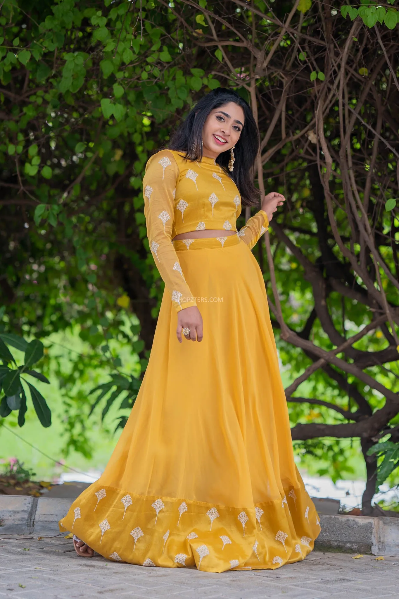 Foil Yellow Full Hand Crop Top & Skirt With Embroidery & Sequins