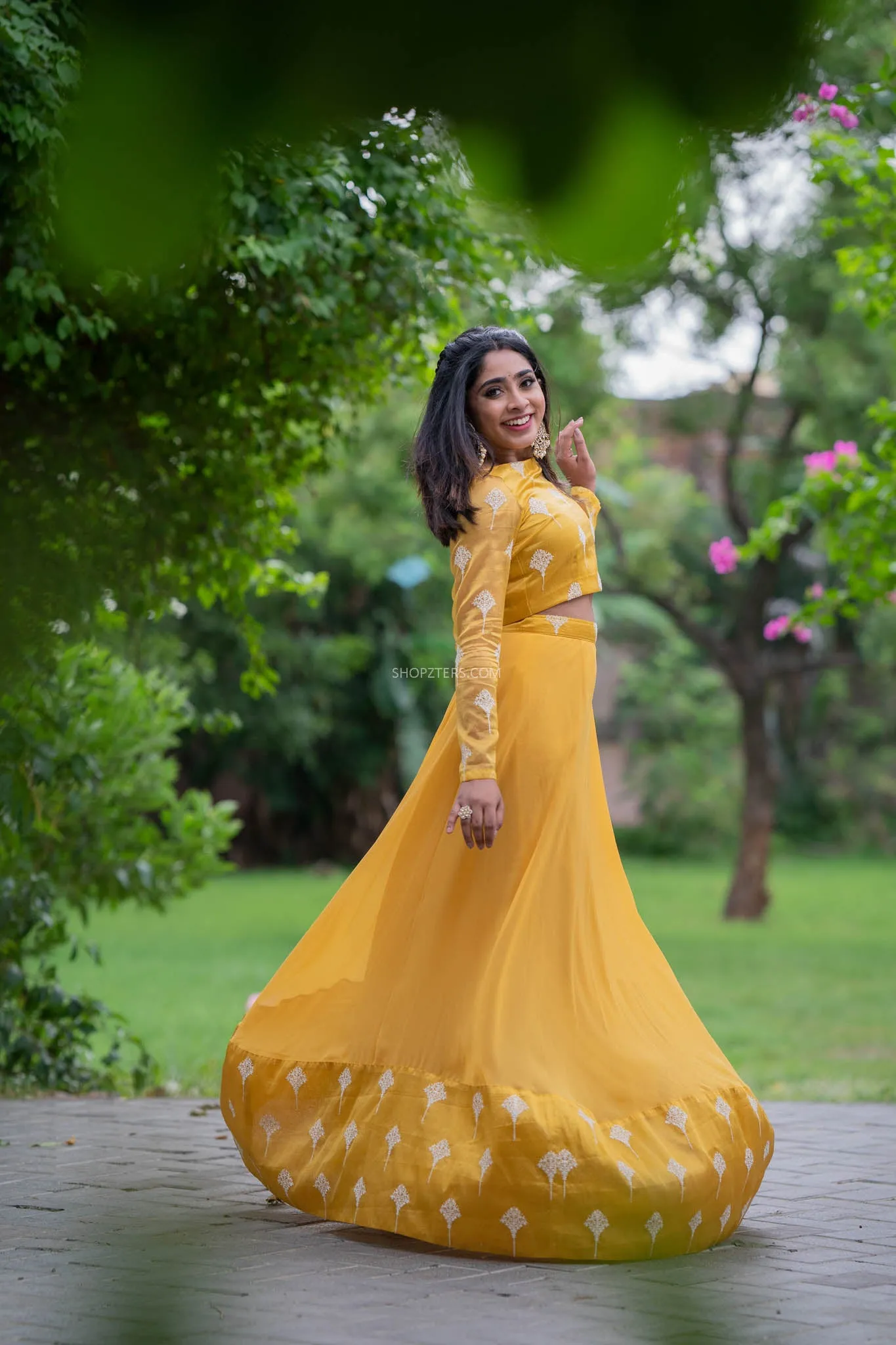 Foil Yellow Full Hand Crop Top & Skirt With Embroidery & Sequins