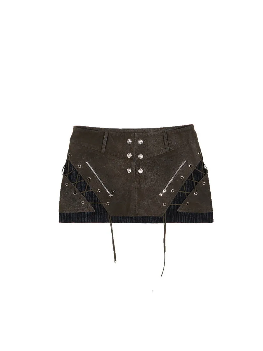 Gothic Lace-Up Mix Leather Casual Mini-Skirt＆Leg-Warmer