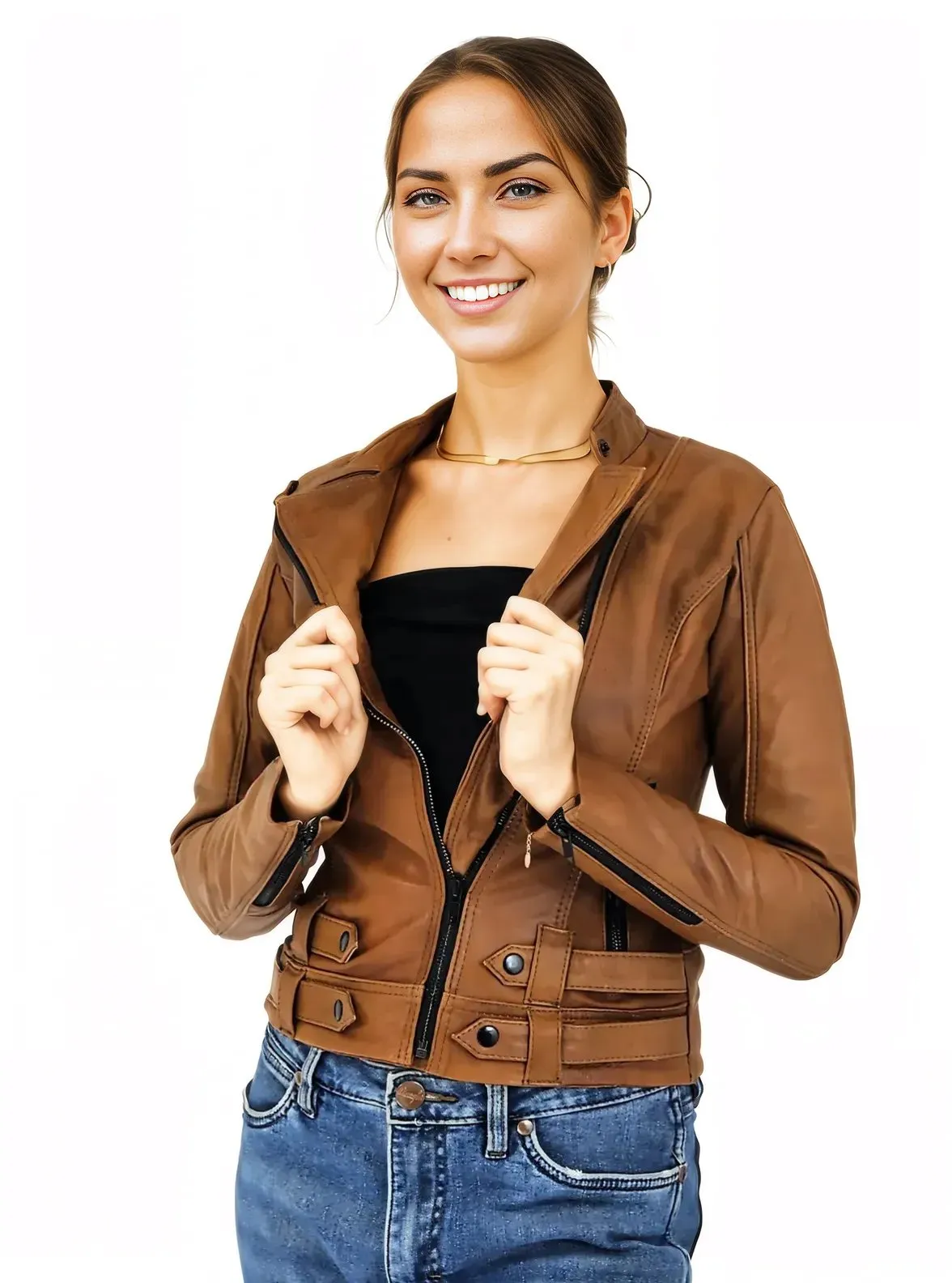 Handcrafted Women's Sheepskin Leather Biker Jacket – Premium Biker Style Honey