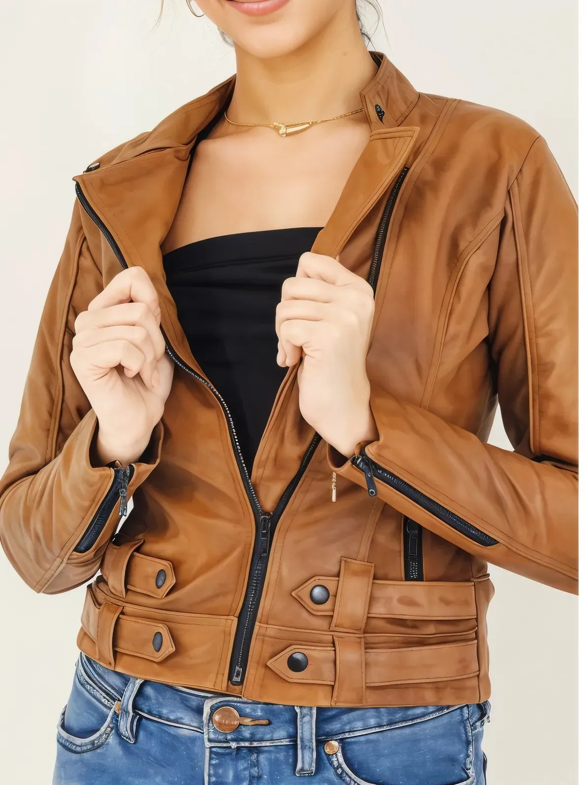 Handcrafted Women's Sheepskin Leather Biker Jacket – Premium Biker Style Honey