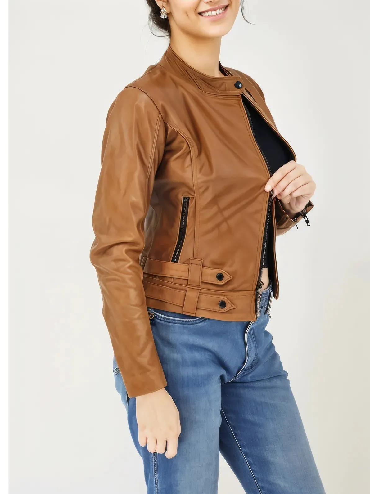 Handcrafted Women's Sheepskin Leather Biker Jacket – Premium Biker Style Honey