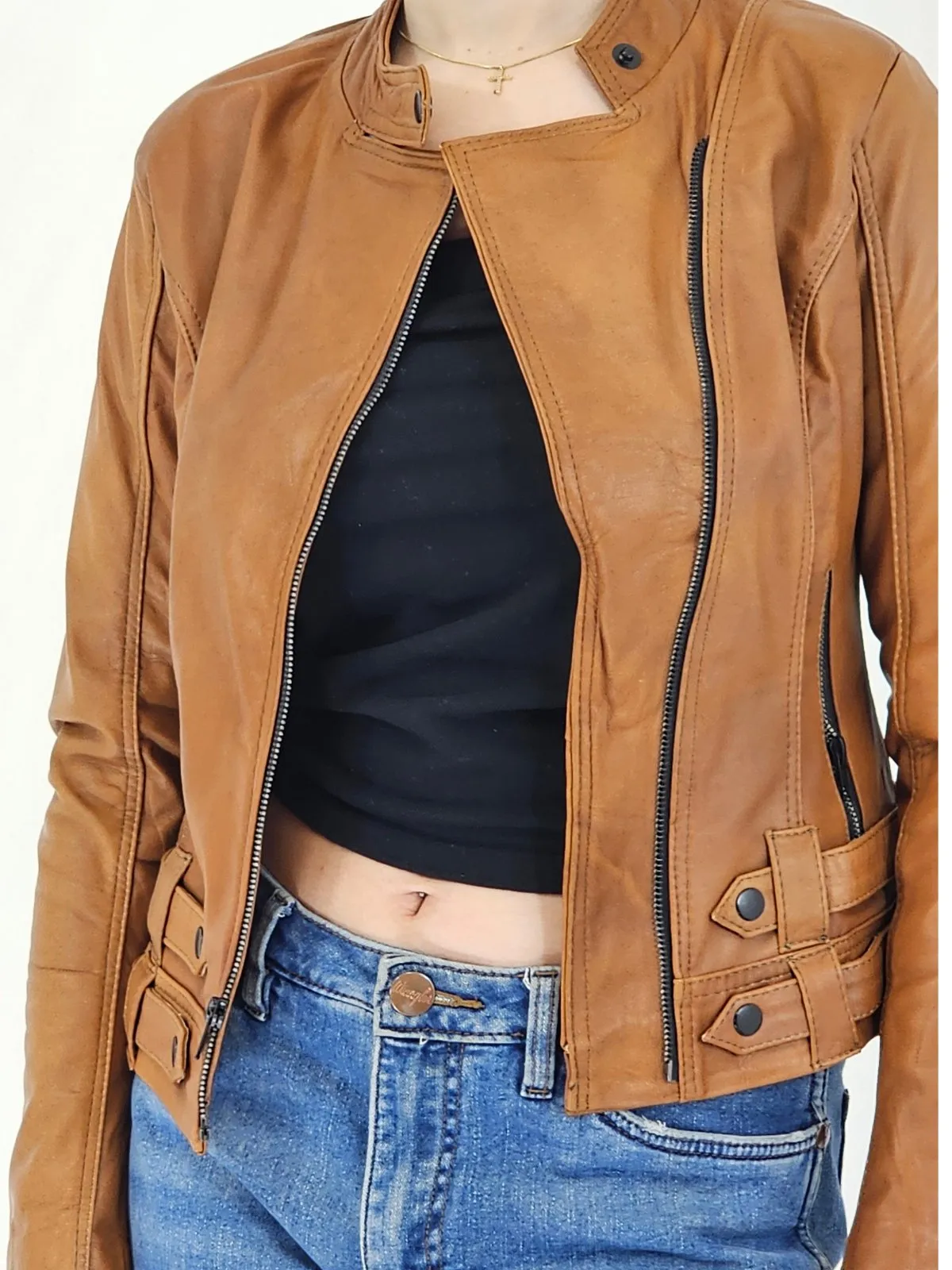 Handcrafted Women's Sheepskin Leather Biker Jacket – Premium Biker Style Honey