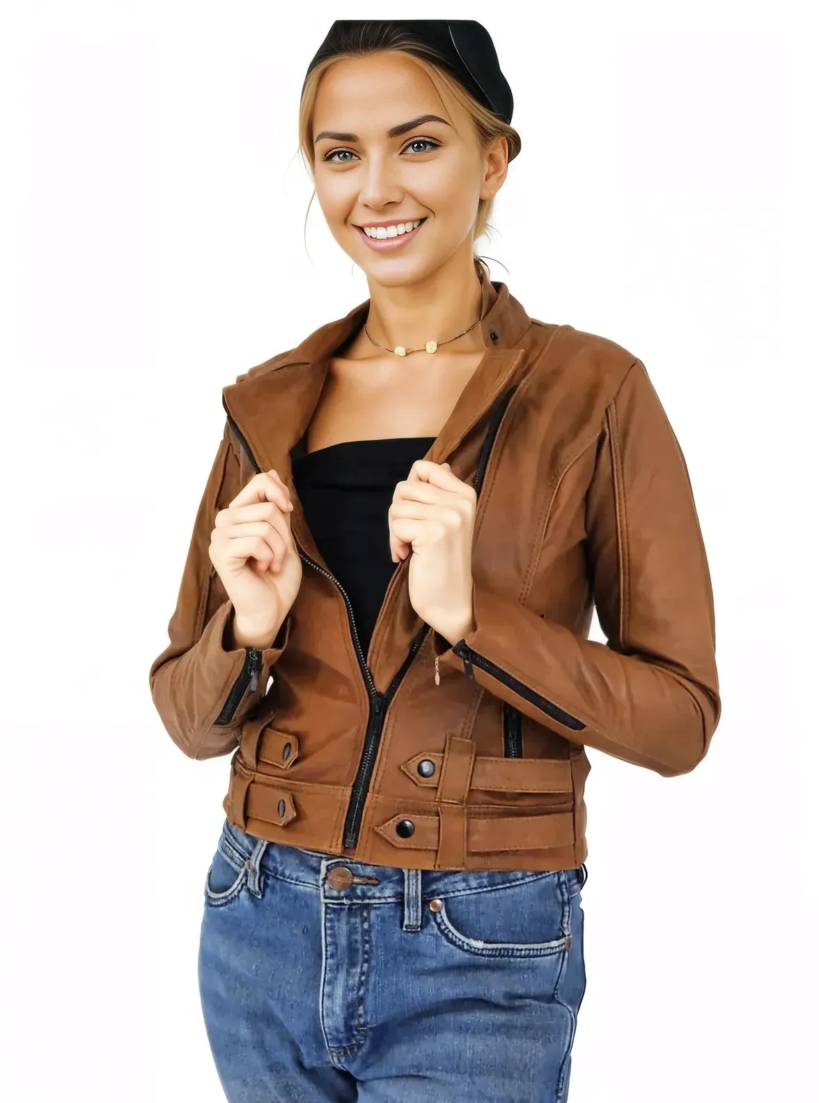 Handcrafted Women's Sheepskin Leather Biker Jacket – Premium Biker Style Honey