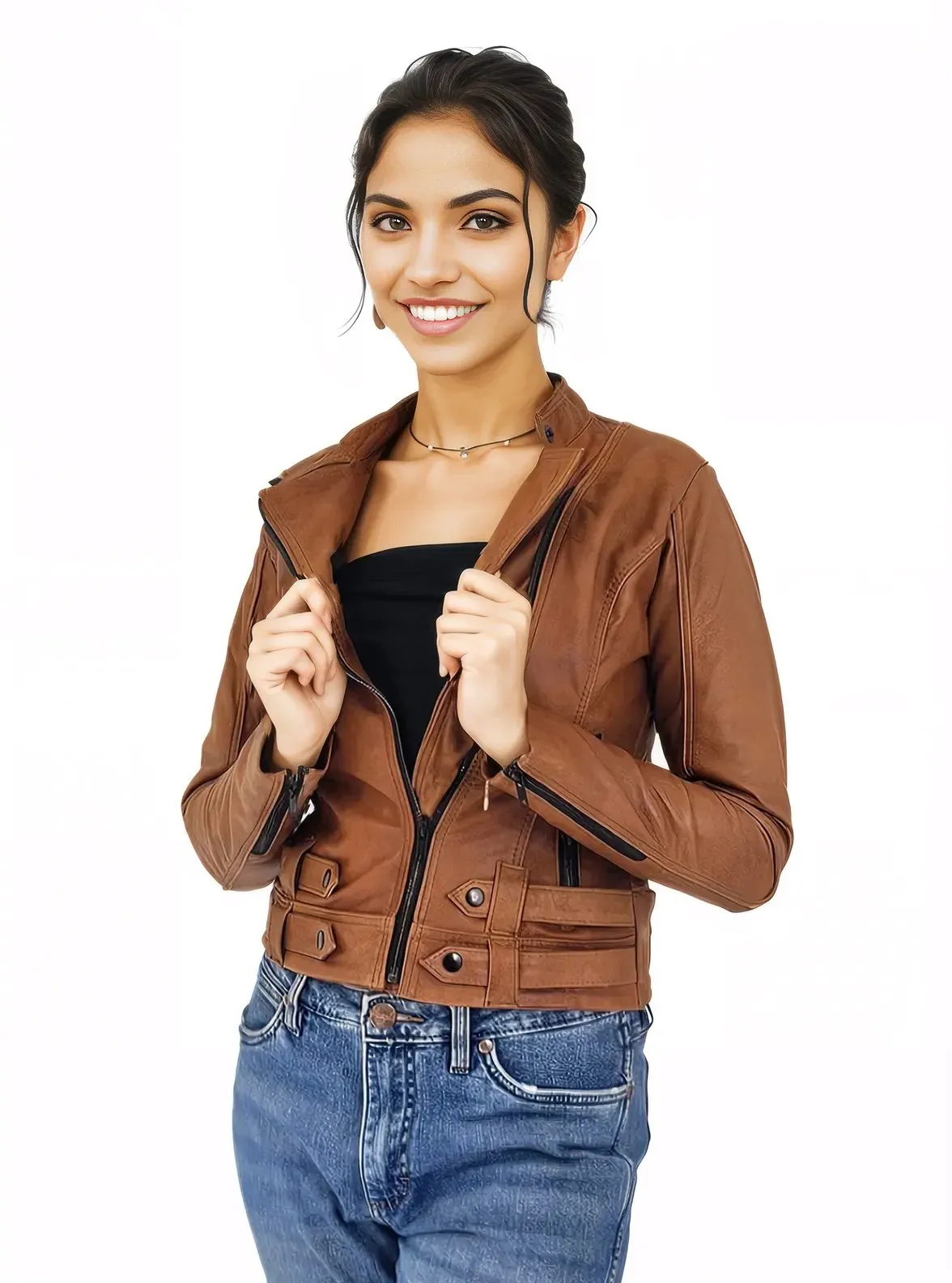 Handcrafted Women's Sheepskin Leather Biker Jacket – Premium Biker Style Honey