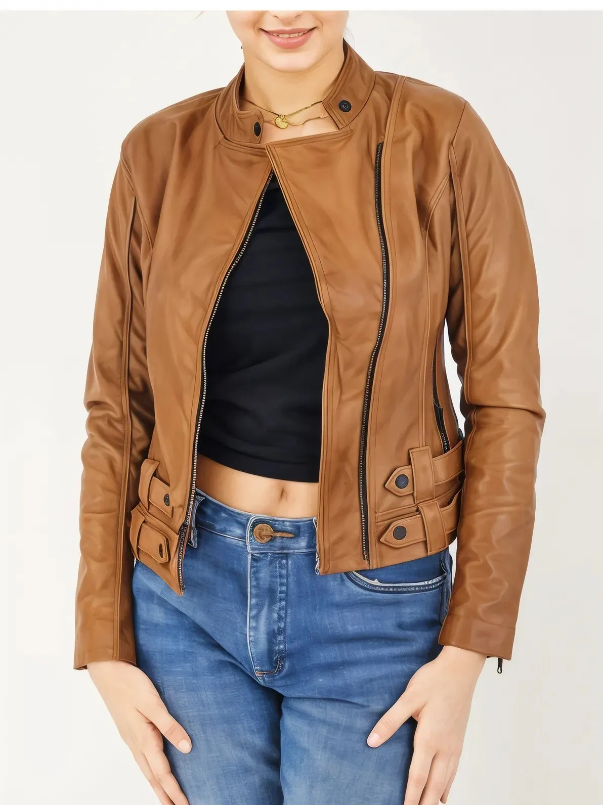 Handcrafted Women's Sheepskin Leather Biker Jacket – Premium Biker Style Honey