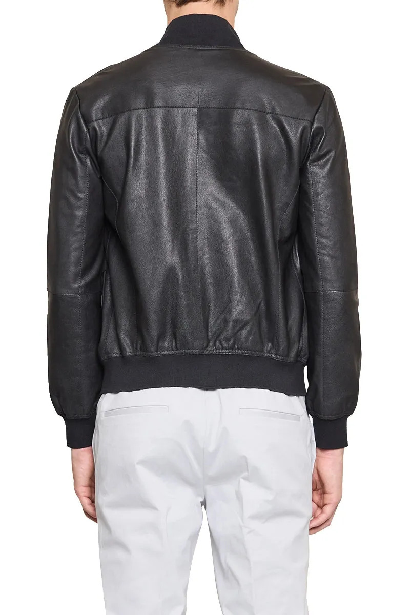 Kieran High Neck Leather Button Bomber in Black