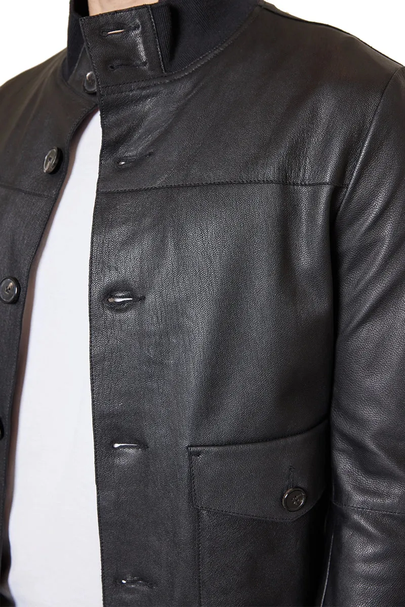 Kieran High Neck Leather Button Bomber in Black