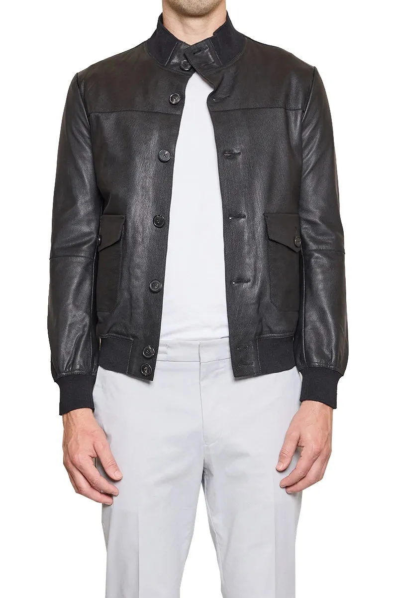 Kieran High Neck Leather Button Bomber in Black