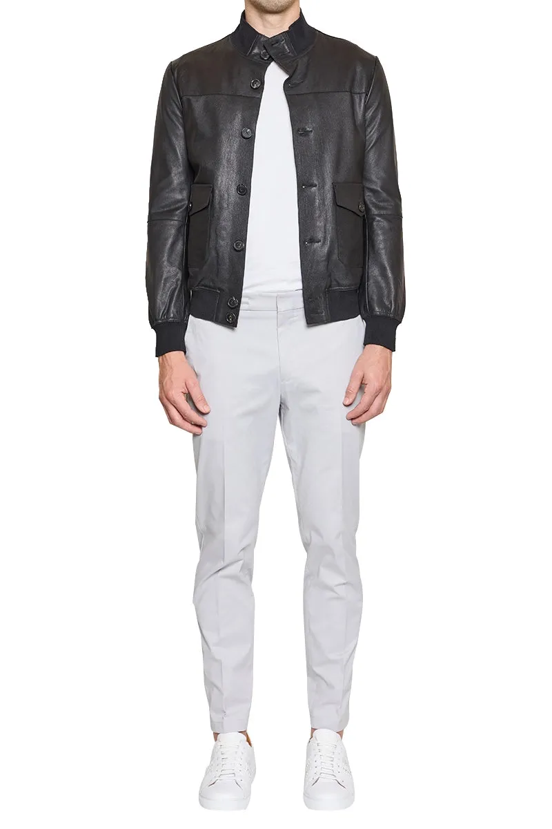 Kieran High Neck Leather Button Bomber in Black