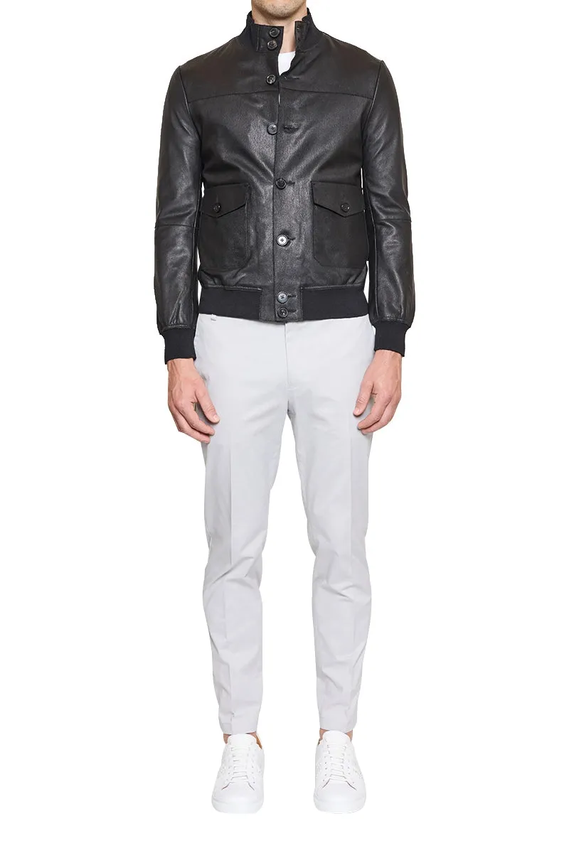 Kieran High Neck Leather Button Bomber in Black