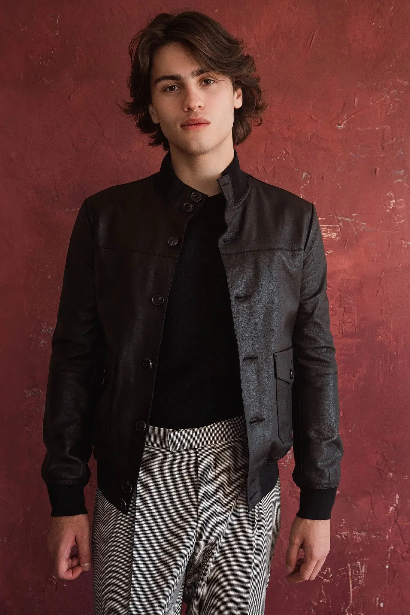 Kieran High Neck Leather Button Bomber in Black