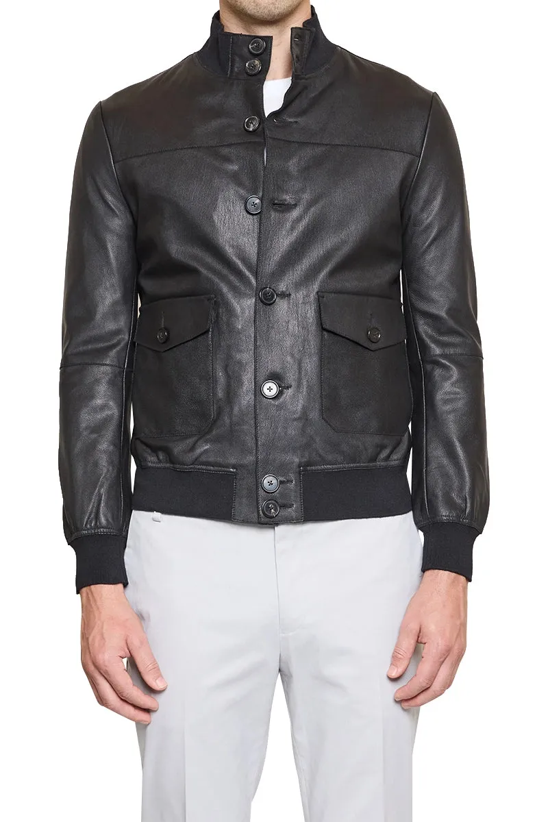 Kieran High Neck Leather Button Bomber in Black