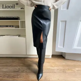 Leather Slit Pencil Office Skirt