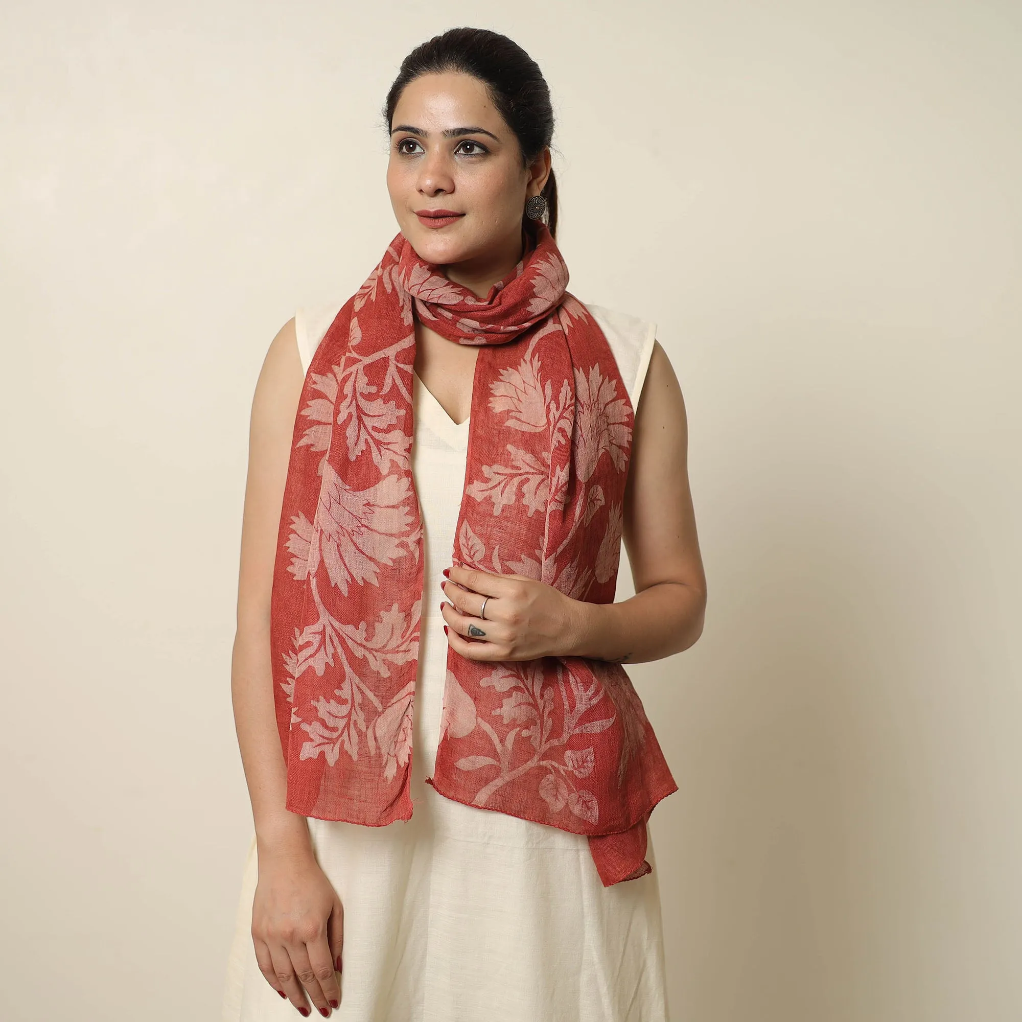 Maroon - Bindaas Block Printed Natural Dyed Linen Handloom Stole 01