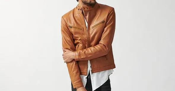 Men's Tan Genuine Leather Slim Fit Biker Jacket