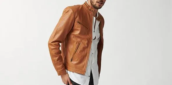 Men's Tan Genuine Leather Slim Fit Biker Jacket
