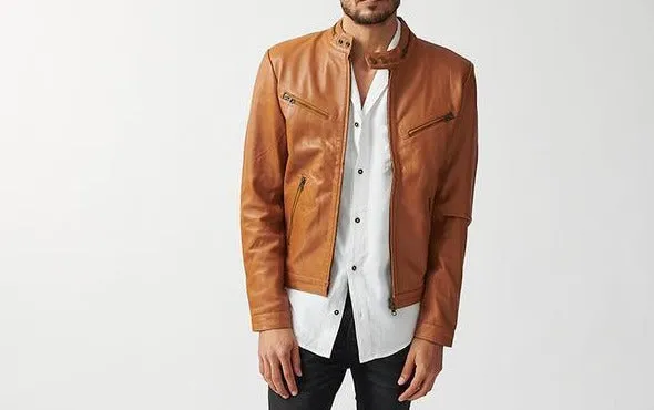 Men's Tan Genuine Leather Slim Fit Biker Jacket