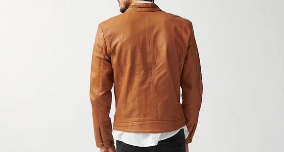 Men's Tan Genuine Leather Slim Fit Biker Jacket