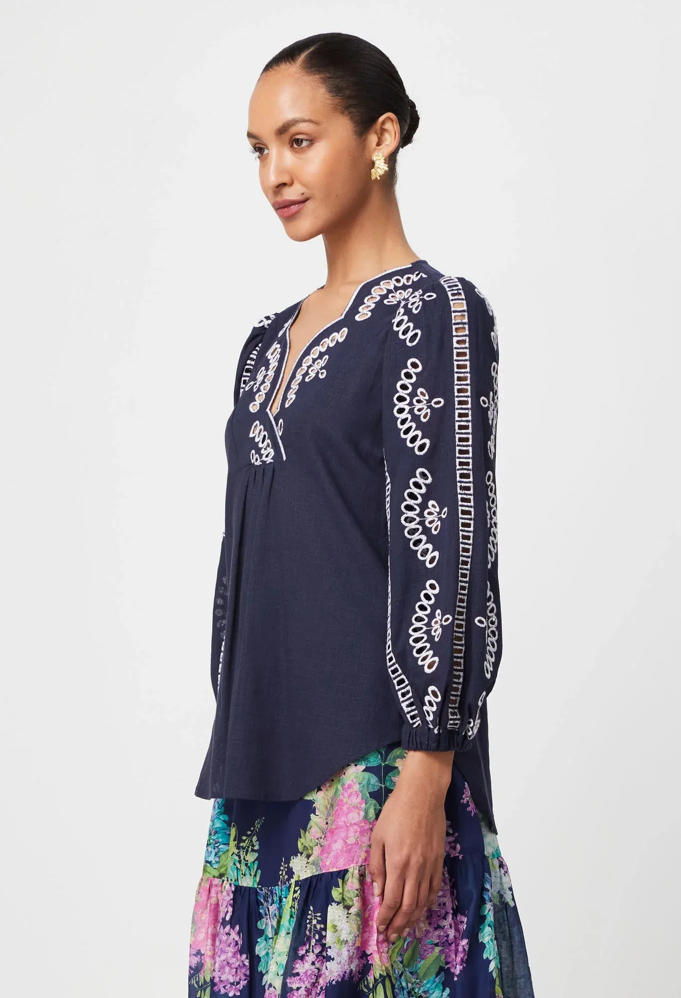 MORGAN EMBROIDERED LINEN VISCOSE BLOUSE | Lapis