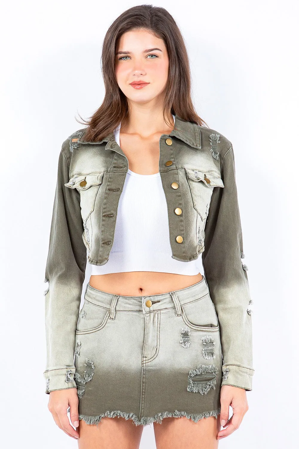 Ombre Distressed Cropped Denim Jacket – Bazi