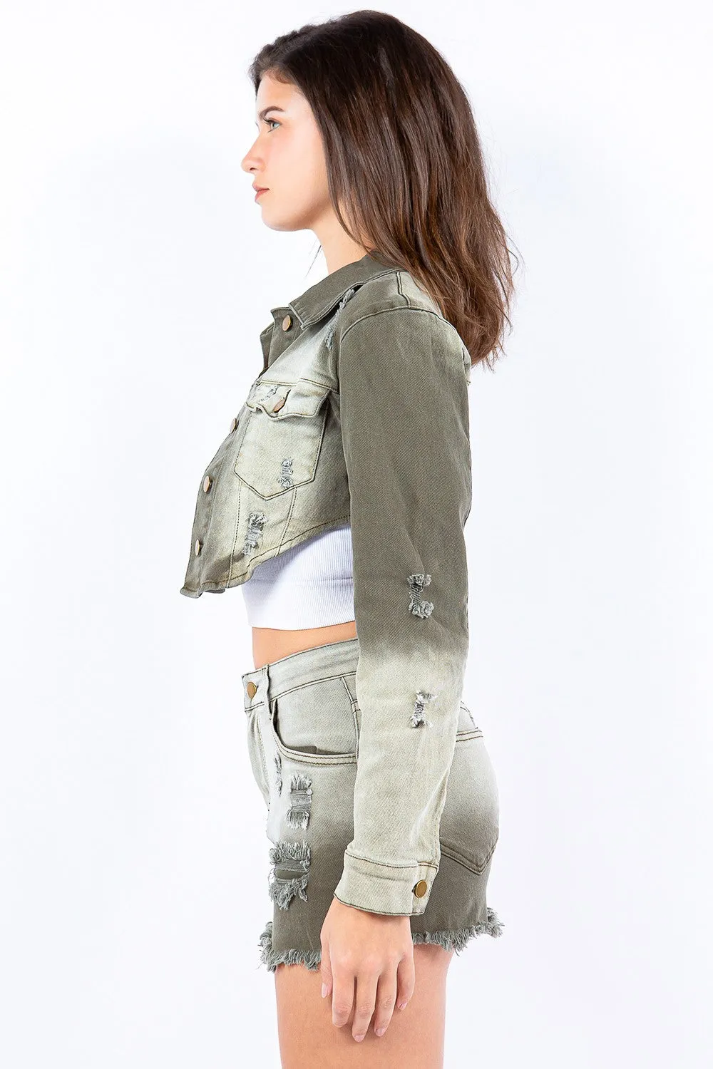 Ombre Distressed Cropped Denim Jacket – Bazi