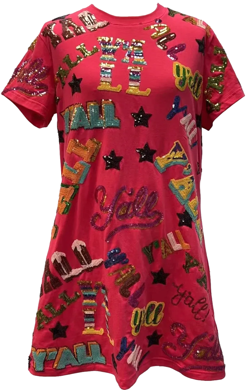 Queen of Sparkles Y'All All Over Tee Dress-Red